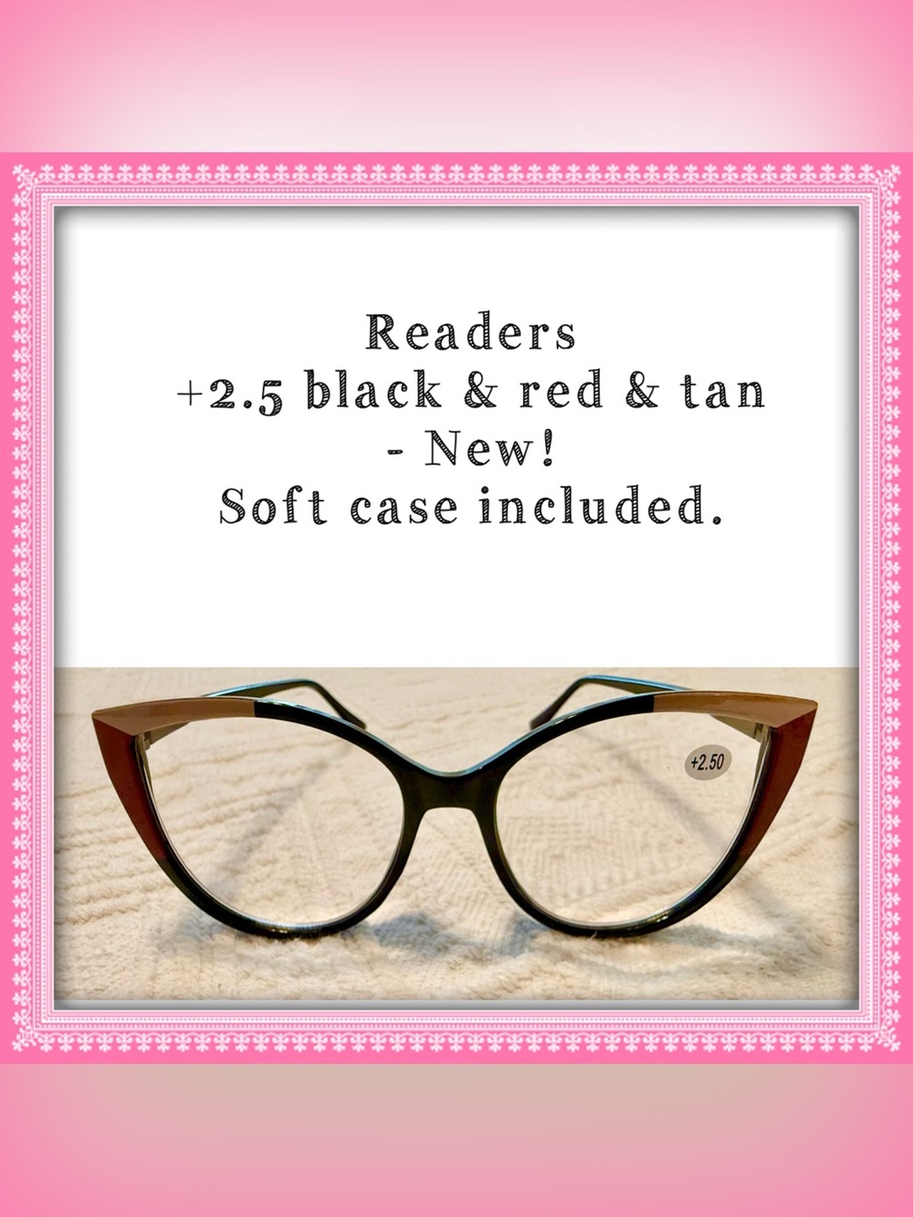 Reading eye glasses +2.5 black, red & tan. NEW! Soft Case included. Unworn
